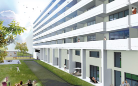 Passivhaus-Wohnanlage mit großzügigen, individuell nutzbaren Freiflächen.